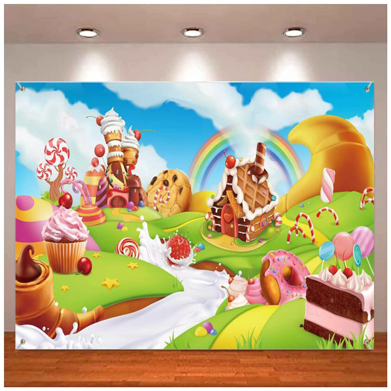 

Donut Candy Birthday Party Photography Backdrop Banner Large Fabric Decoration Sweet Cartoon Landscape Baby Shower Background