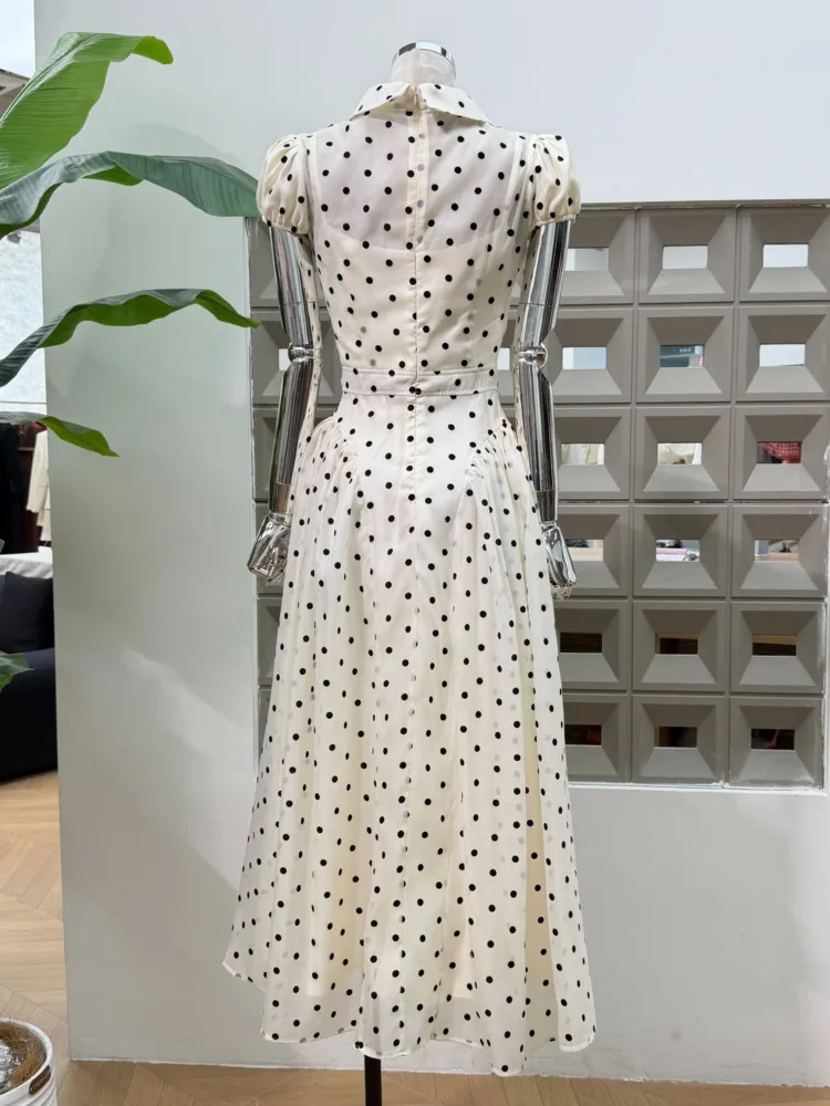 DFDG Women’s 2025 New Retro Polka Dot Sheer Dress Spring Summer Vintage Polo Collar Fashion Slender Long Elegant Design Dress