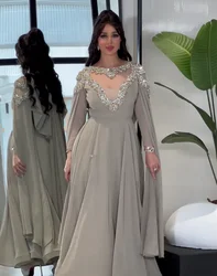 Silver Grey Chiffon Crystal Prom Dresses Long for Arabic Women 2025 Long Sleeve A Line Flowy Formal Evening Gowns Customized