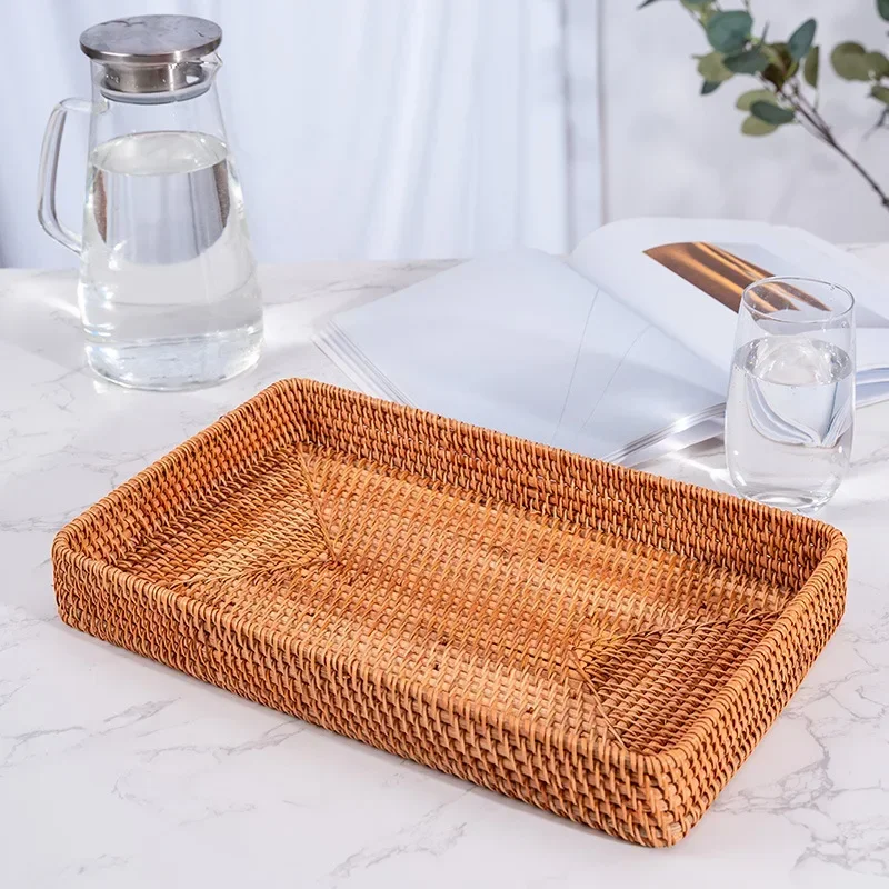 Handwoven Rattan Storage Basket Square Wicker Tray Picnic Basket Bread Food Plate Fruit Cake Sundries Box Kitchen Decoration