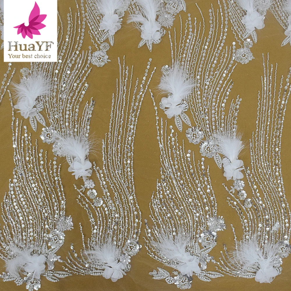 New Sliver White Luxury Pearl Beads Sequin Lace Fabric with 3D Appliques and Feathers For Wedding Dress Material 5 Yards HY2308