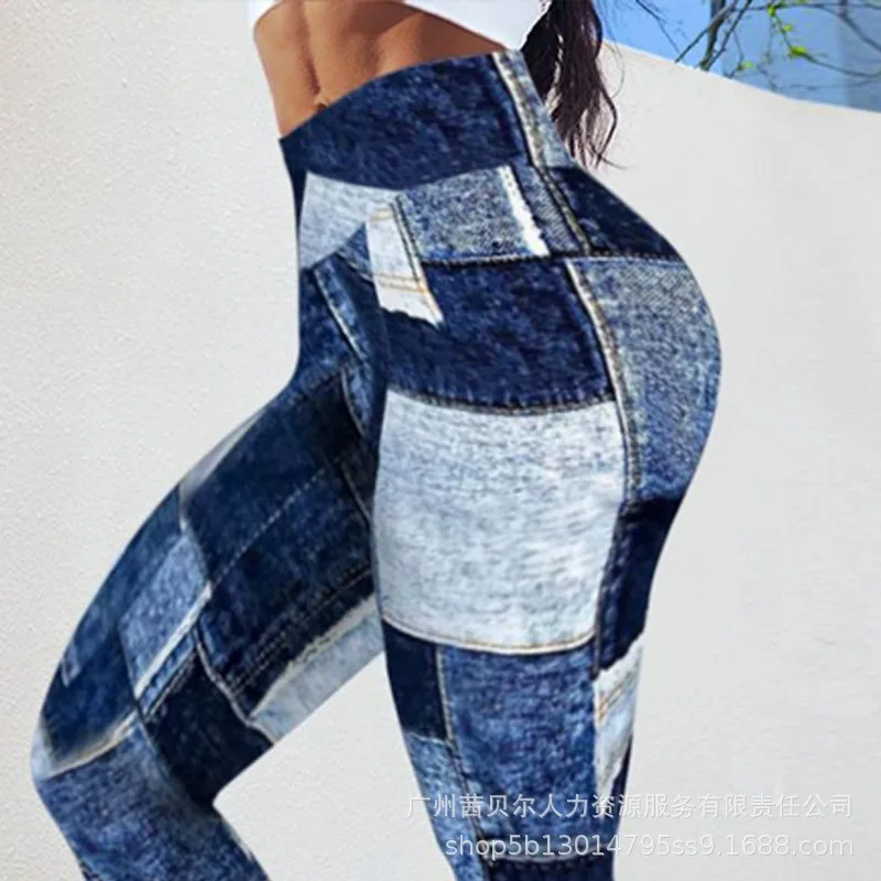 

Y2K INS Women Elegant Fashion Fitness Yoga Slim Fit Hip Lift Bodycon Trousers Denim Look Print High Waist Sports Leggings Pants