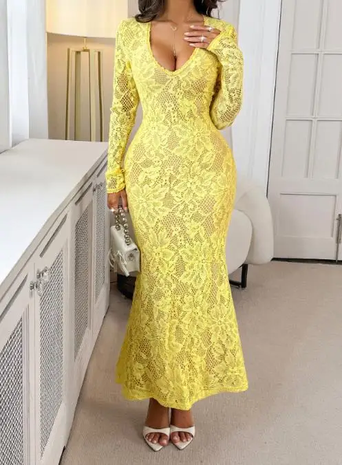 

2025 Autumn and Winter Elegant Lace Long Sleeved Dress, Women's Dress