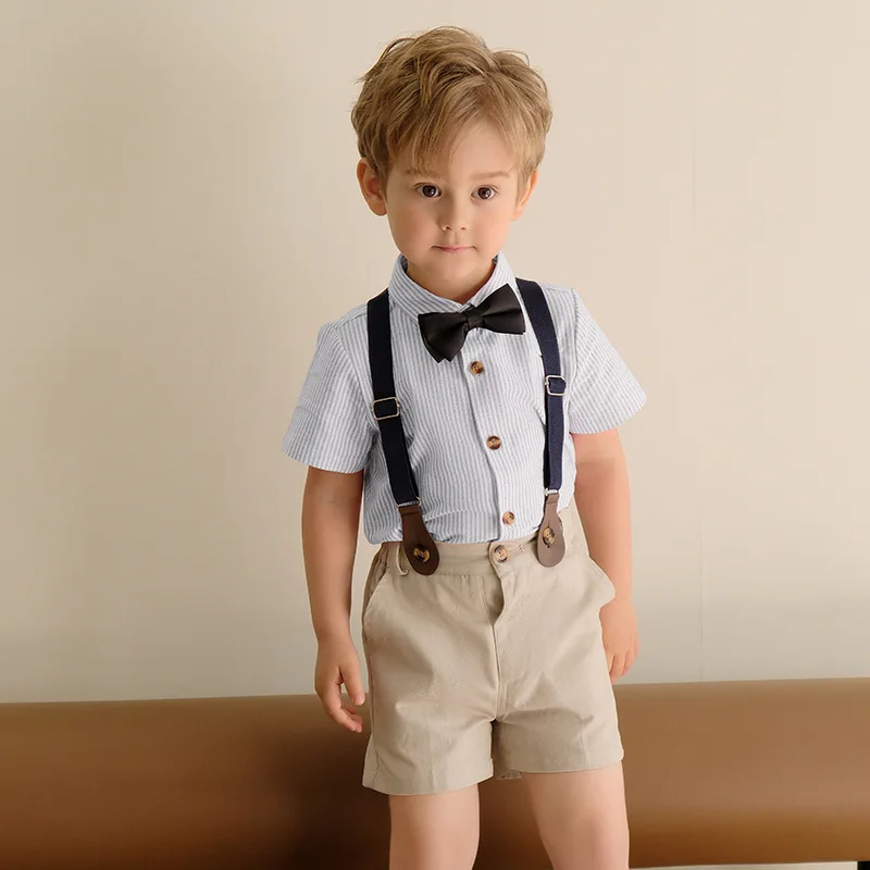 Baby Boys Clothing Set Kids Formal Strap Shirt Shorts Bowtie Wedding Birthday Dress Children Piano Dance Performance Costume