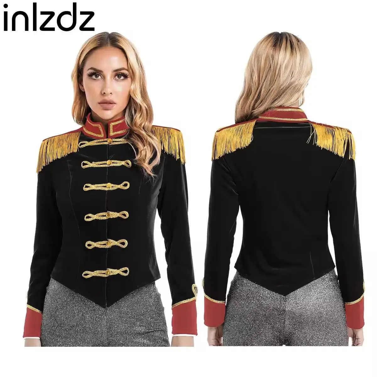 

Womens Circus Ringmaster Costume Halloween Carnival Lion Tamer Cosplay Costume Showman Majorette Tassel Jacket Party Clubwear