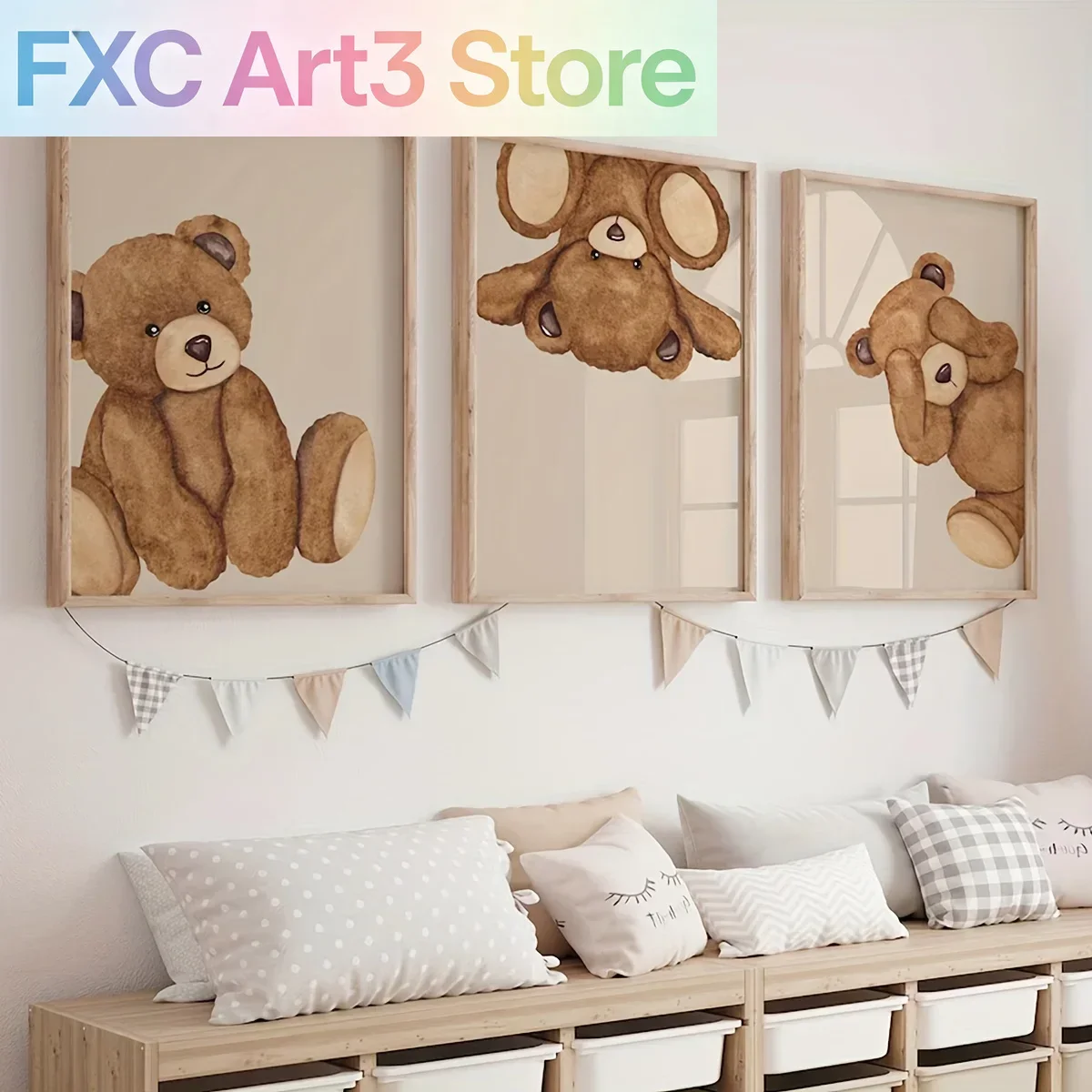 3-teiliges Set rahmenlos, Bär-Cartoon-Tier-Leinwanddruck, Retro-Beige-Bär-Teddy-Wandkunst-Poster für modernes Wohnzimmer, Schlafzimmer, Zuhause
