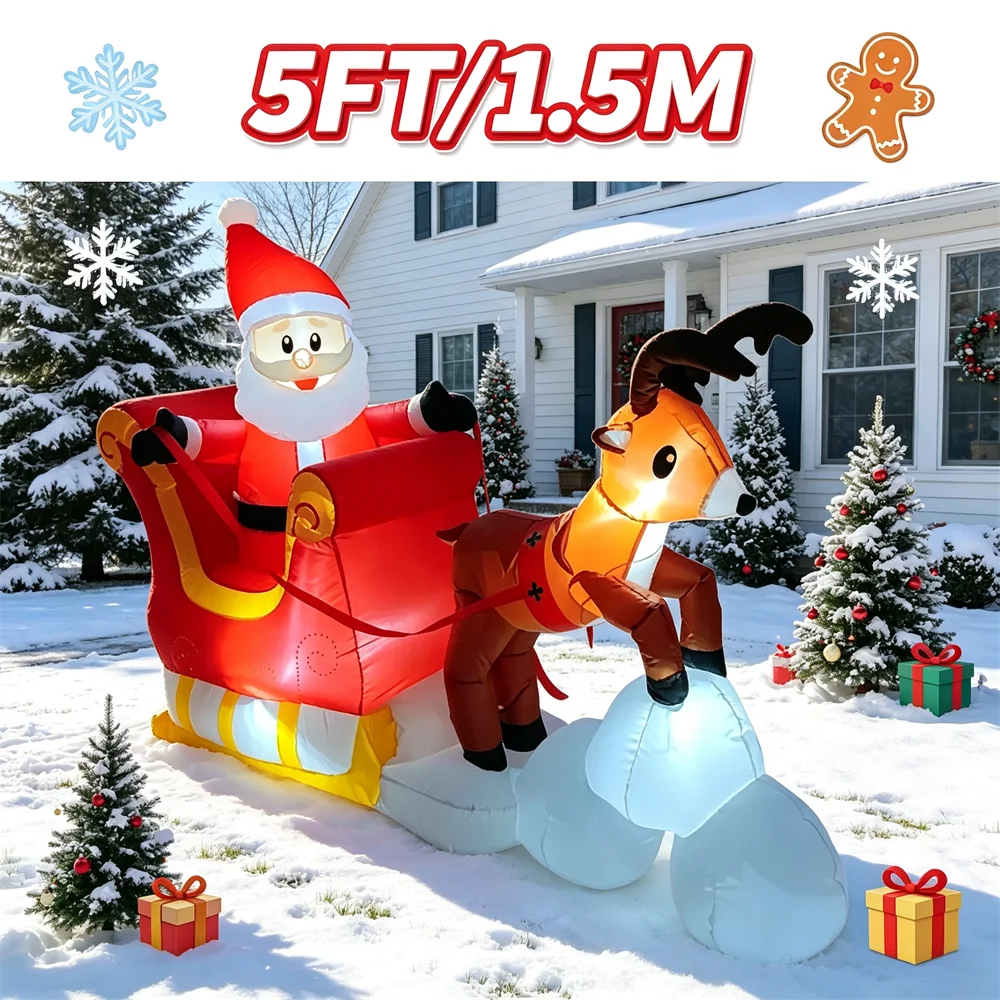 5FT Light Up Christmas Inflatable Model Blow Up Santa Claus Riding Sleigh with Reindeer LED Holiday Outdoor Yard Lawn Decor