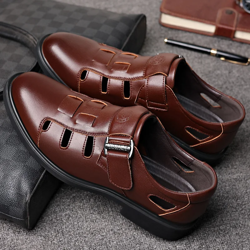 

Men's Summer Business Casual Genuine Leather Sandals Hollow Outsole Anti-Slip Middle-Aged Father Shoes