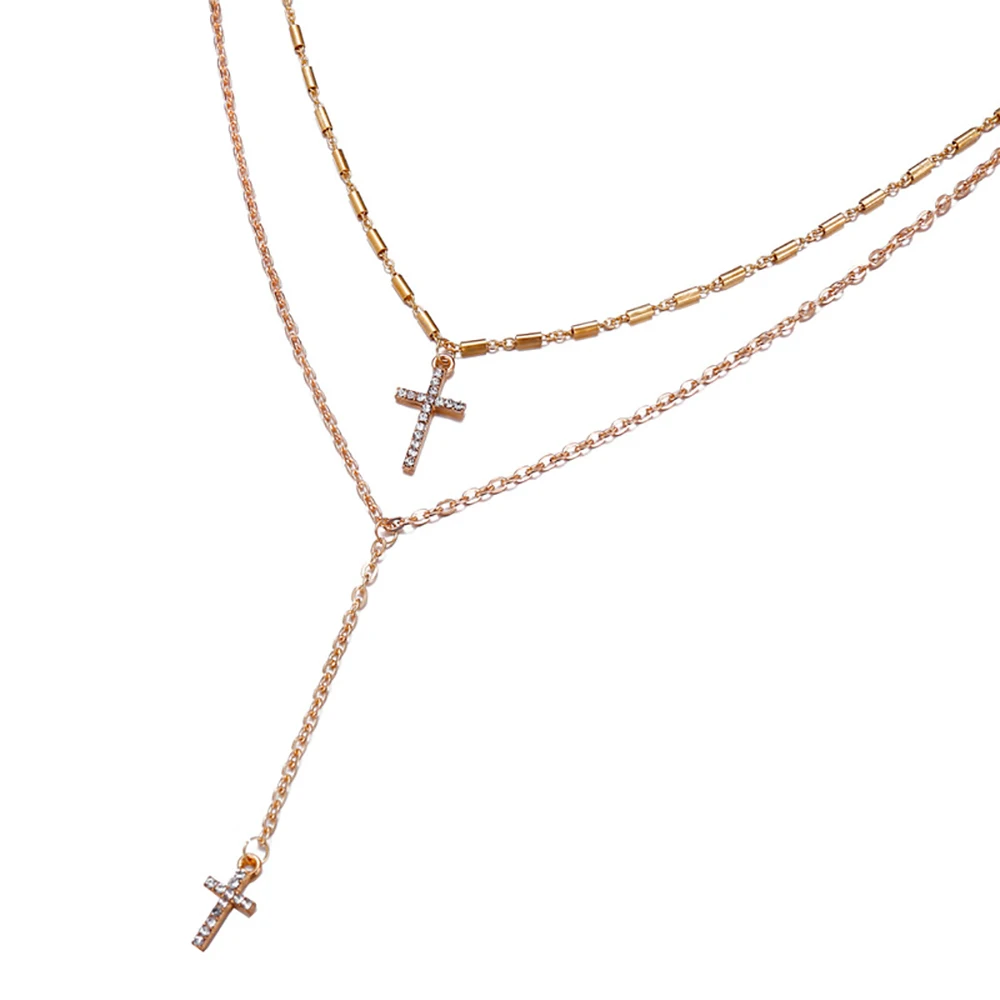 Fashion Gold-plate Crystal Cross Necklaces Pendants Boho Double Layered Necklace Catholic Religious Christian Statement Jewelry