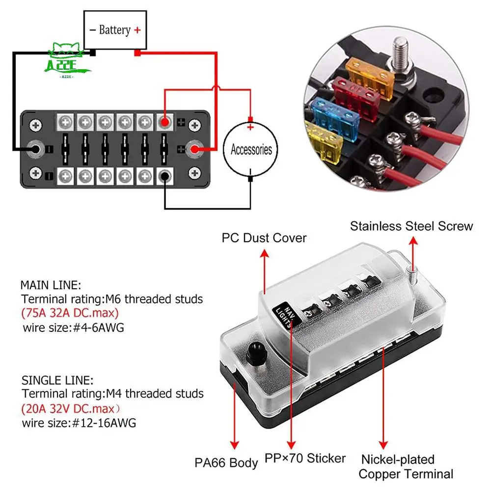 A22E-6 Way Fuse Block Blade Fuse Box With Negative Bus - ATC/ATO For Boat Yacht Vehicle Auto RV Car Trailer Truck SUV