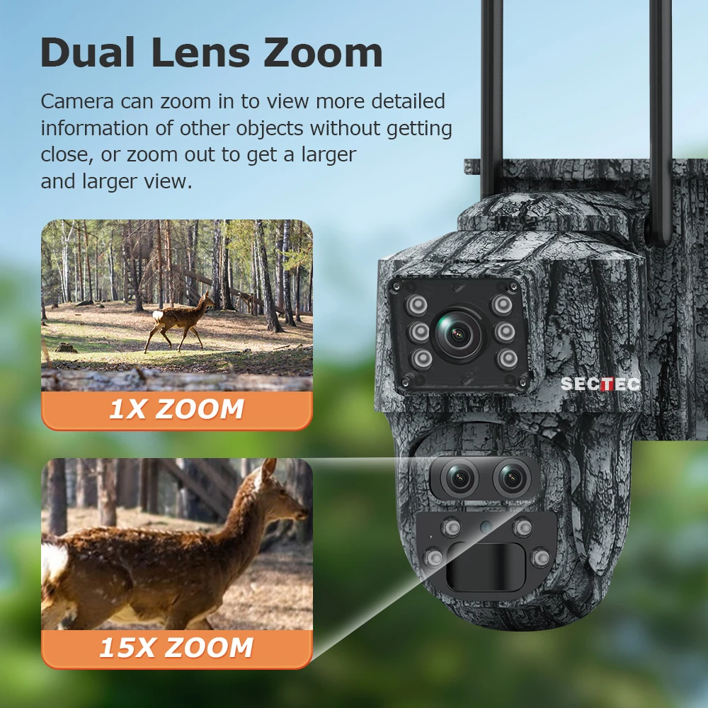 SECTEC 4G Solarkamera für den Außenbereich, drei Objektive, WiFi-Überwachungskamera, 12 MP, HD, PTZ, Nachtsicht, PIR-Bewegungserkennung, IP66