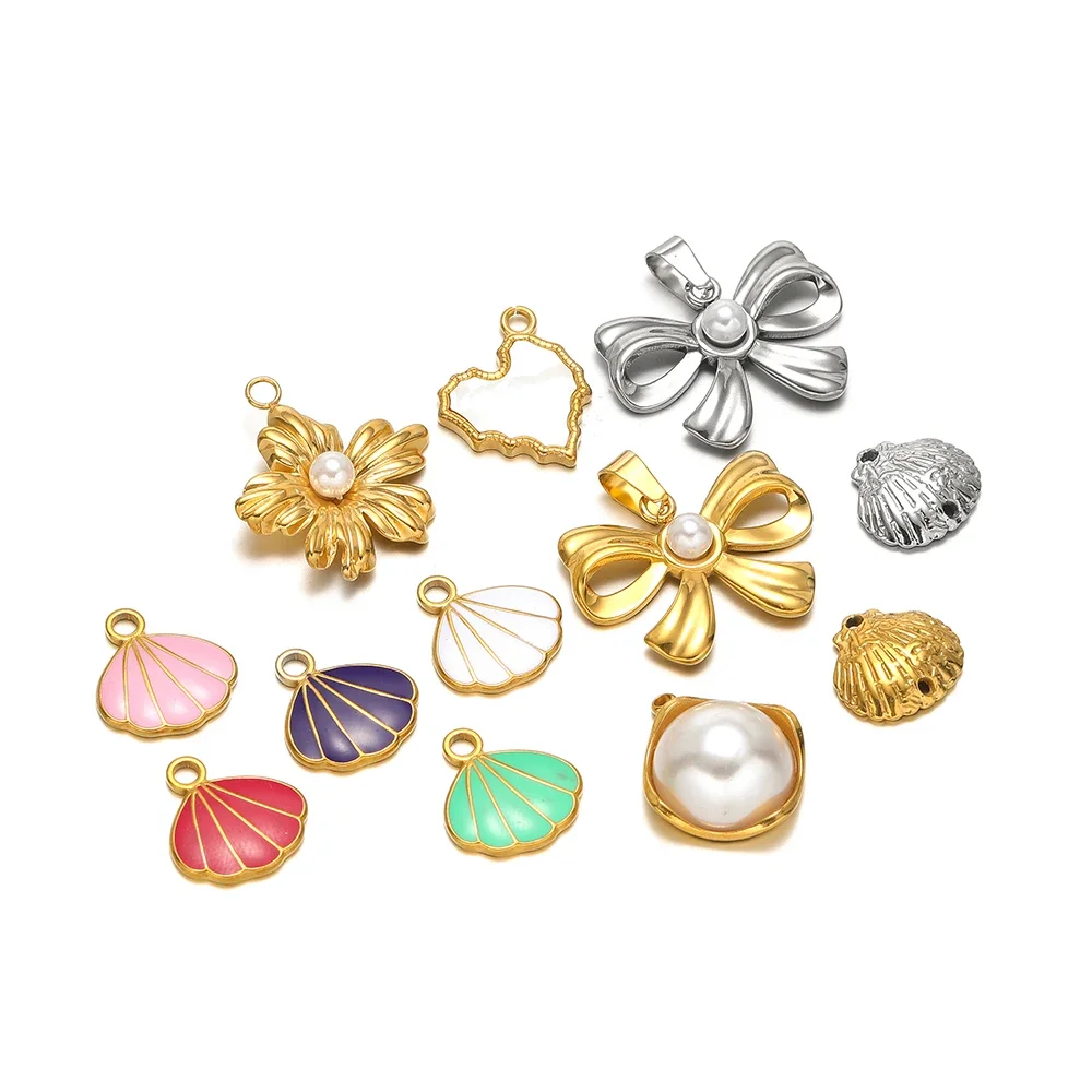 5pcs Stainless Steel Gold Bowknot Pendants Enamel Shell Charms DIY Jewelry Supplies Children Necklace Earrings Making Findings