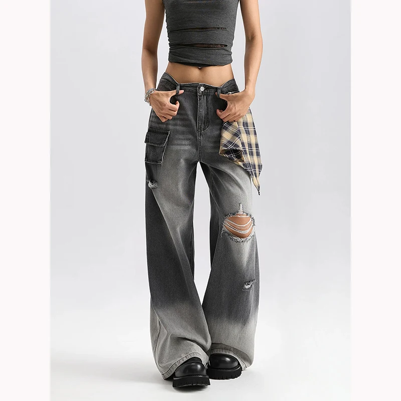 Y2K – jean à jambes larges pour femmes, pantalon rétro américain avec rideau de pet, noir et gris, ample, jambe droite, longueur au sol, nouvelle collection automne