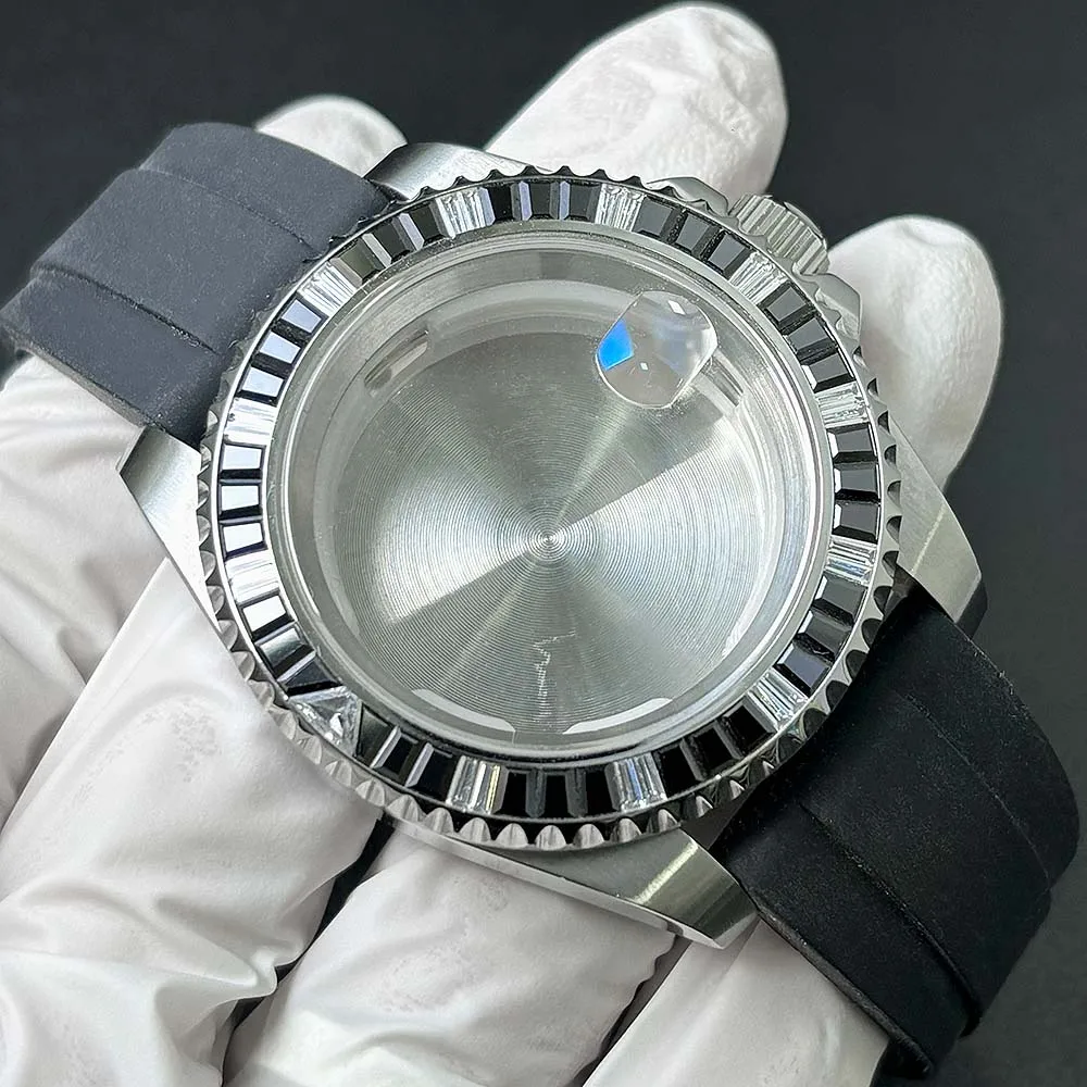 40.5mm diamond sapphire glass case, 20mm black silicone strap, suitable for 8215 ST1612 2813 movement accessories