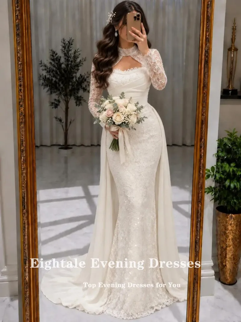 Eightale Arabic Wedding Dress Customized Bridal Gown with Jacket Lace Mermaid Muslim Bride Party Dress Vestido De Novia