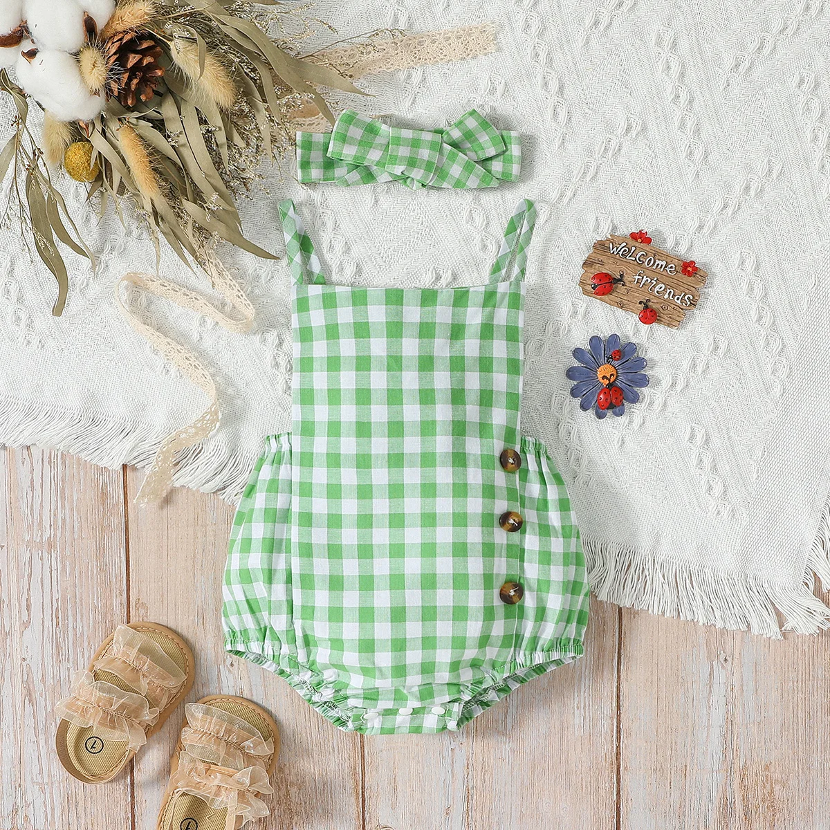 Bodysuit Summer Baby\'s Girl Green Sleeveless Plaid Streetwear Cute Jumpsuit With Button