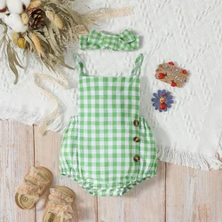 Bodysuit Summer Baby's Girl Green Sleeveless Plaid Streetwear Cute Jumpsuit With Button