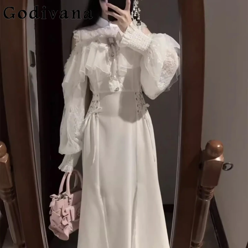 

Autumn New Japanese Style Dress for Women Elegant Clear Lace Bow Off Shoulder Dress Female Waist Cinching Long Lolita Dress