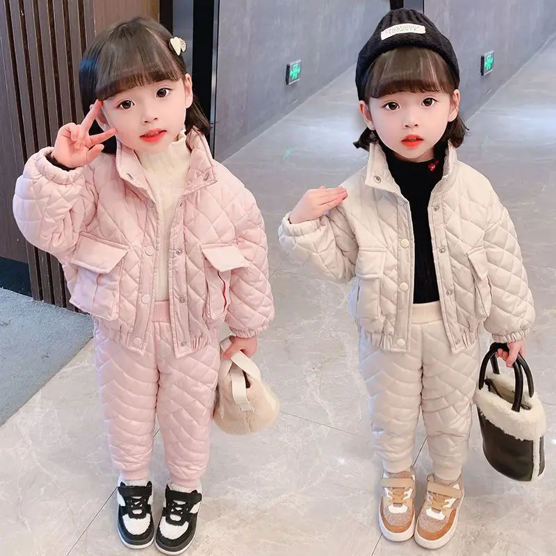 

2023 Girls Clothing Sets for Russia Winter Turn Down Collar Jacket Coat + Warm Cotton Pants Two Pieces Sets Clothes Coat W97