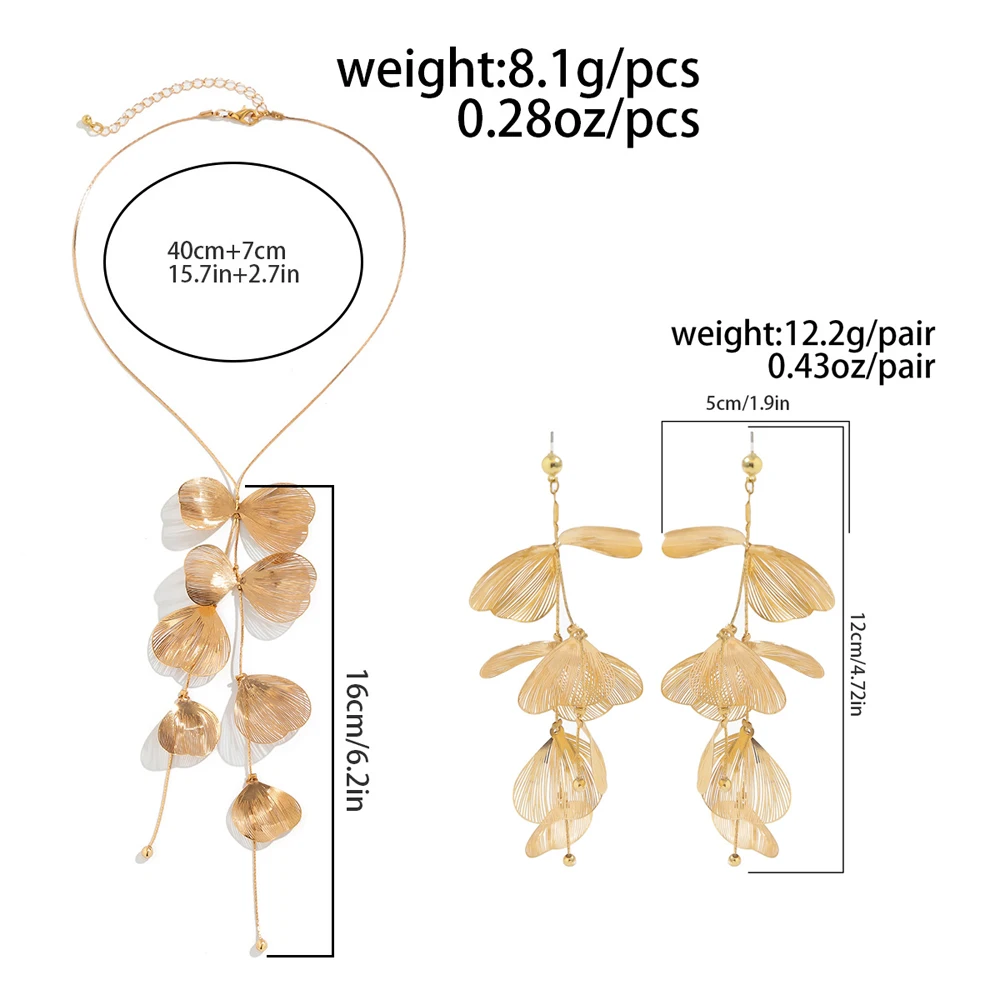 New Fashion Hollow Ginkgo Leaf Pendant Necklace Earrings Set for Women Europe America Luxury Bridal Wedding Jewelry Accessories