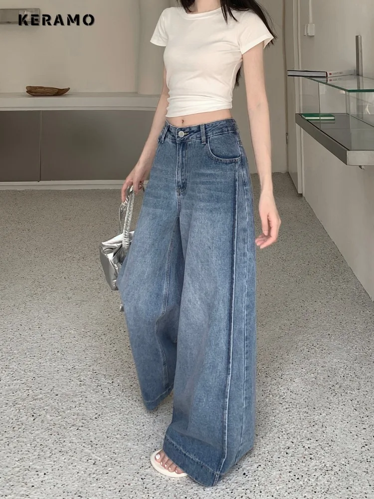 

Women's Casual High Waist Baggy Emo Denim Trouser Harajuku Loose Retro Full Length Jeans 2025 Summer 2000s Blue Solid Y2K Pants