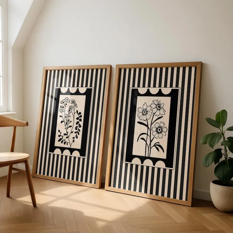 2pcs/set Bohemian Style Plant Art Canvas Prints Minimalist Striped Cottagecore Flower Wall Art Posters for Modern Home Decor