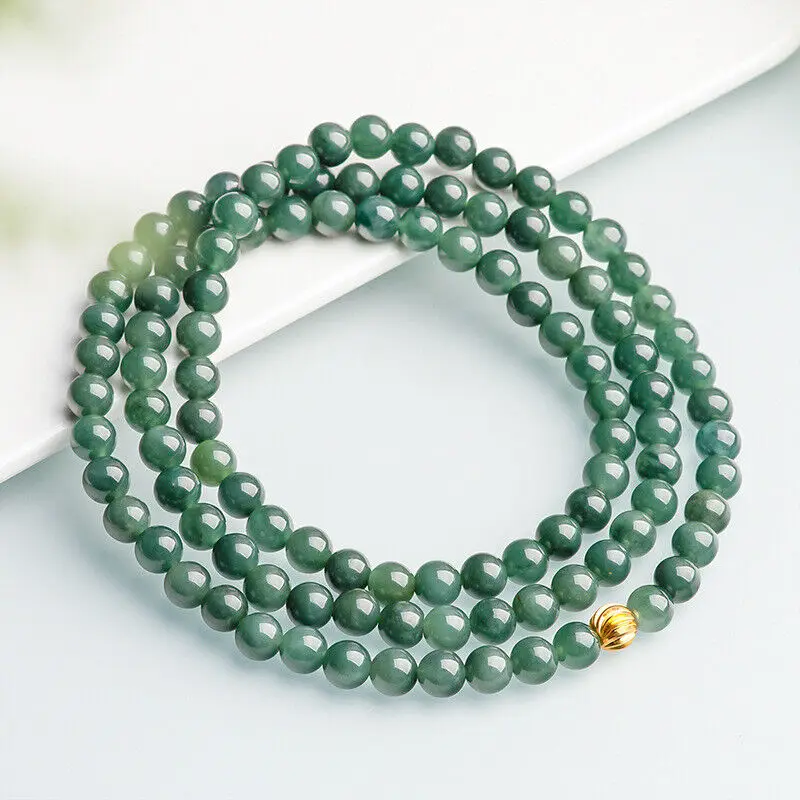 

Natural Genuine 7.5mm Round Gemstone Bead Oil Green A Jade Jadeite Necklace 27"