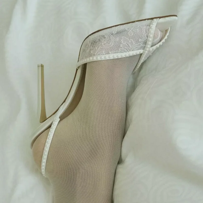 

Sexy Pointed Toe Mesh Shoes Cross Ankle Strap Crystal Trim Lace Mesh High Heels Female Bride Wedding Shoes