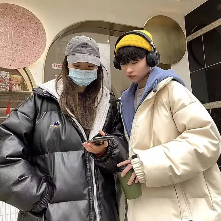 

Men's Thiened Large Size Autumn Winter PU Leather down Cotton Jaet Bread Sle Coat Hong Kong Sle Loose Cotton Coat