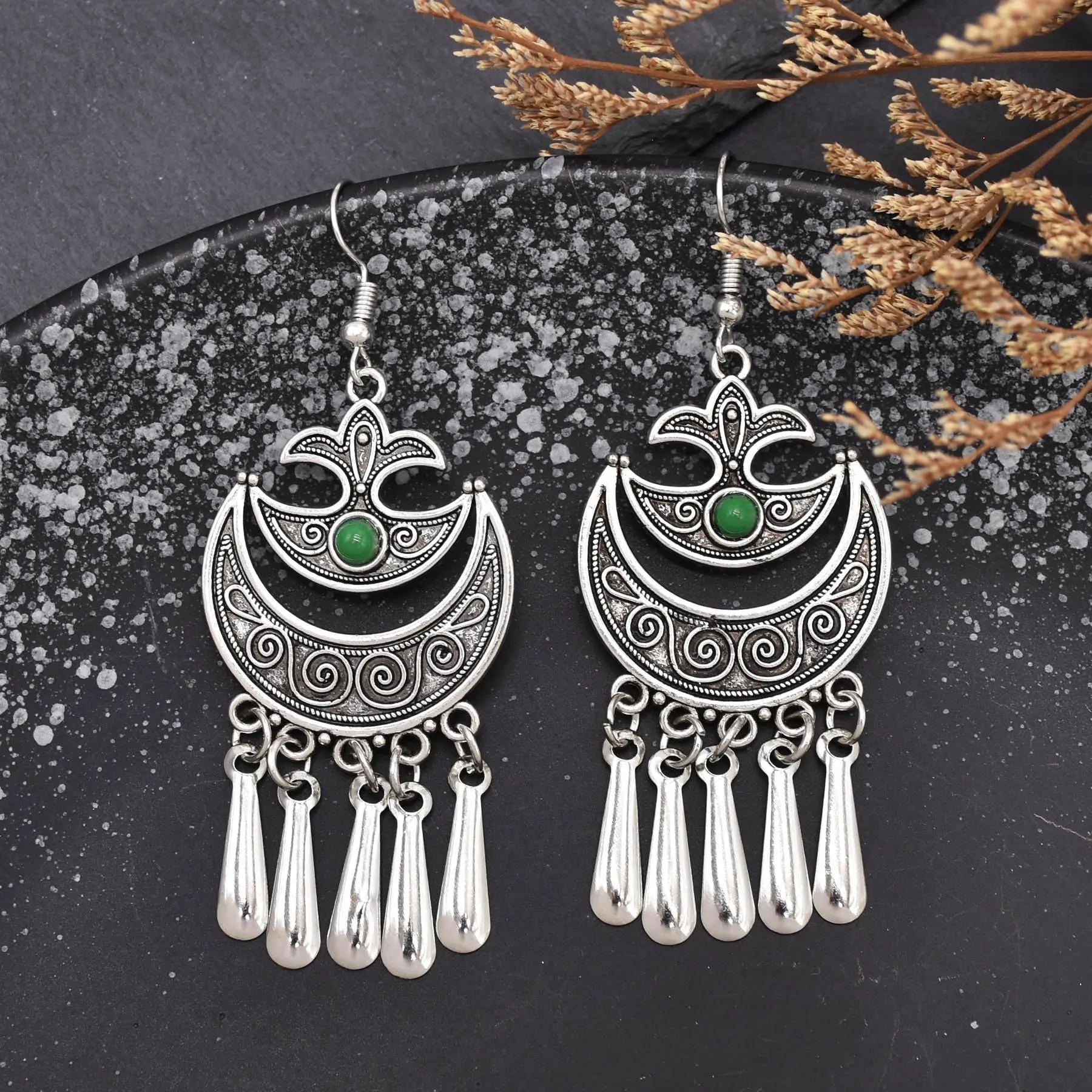 Indian Vintage Oxidized Silver Color Metal Drop Earrings for Women Boho Blue Black Stone Hanging Earrings Arab Ethnic Jewelry