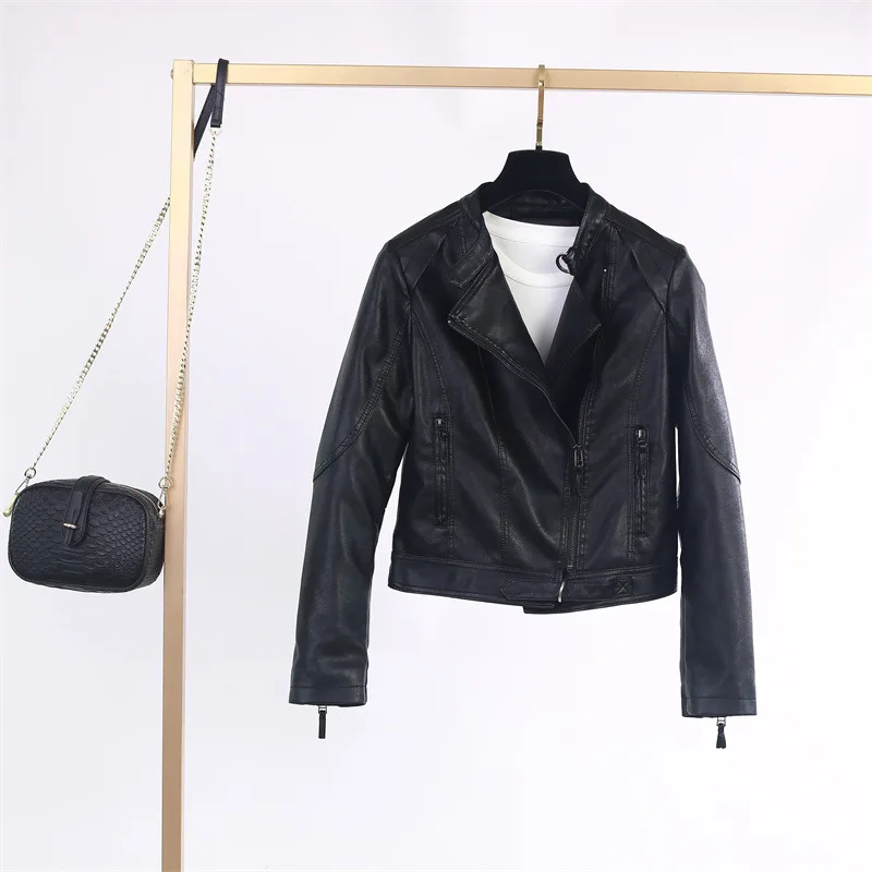 Purchase autumn leather clothes stand collar slim fitting motorcycle PU washed leather fashionable women's short top jacket