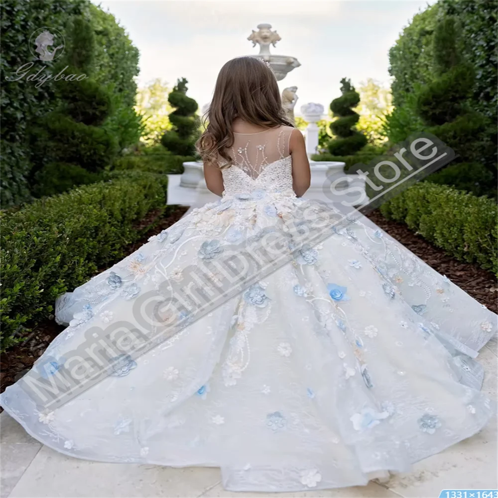 Vestido de lujo de flores para niña, vestido de fiesta esponjoso para desfile de niñas, cuello transparente con cordones en la espalda, eventos oficiales de boda