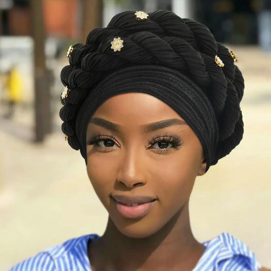 Rippled ผู้หญิงมุสลิม Hijab หมวก Double Braid เพชร Turban หมวก Lady มะเร็ง Chemo หมวกหญิงหมวก Bonnet ผมฝาครอบ