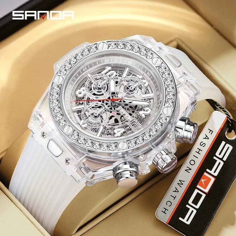 2025 SANDA New Cross-border Hot Sale Quartz Watch Fashion Trend Men Watch Calendar Glow Perspective Window Watch