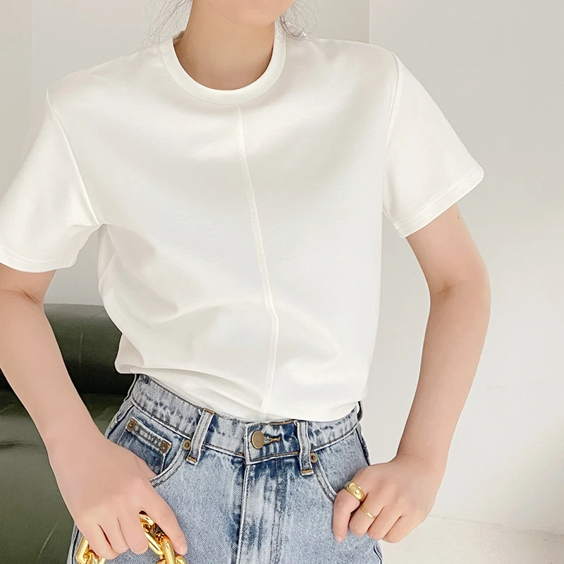 

Весна 2023: Многослойная свободная футболка Sana с круглым вырезом, однотонная, для повседневной носки, в корейском стиле