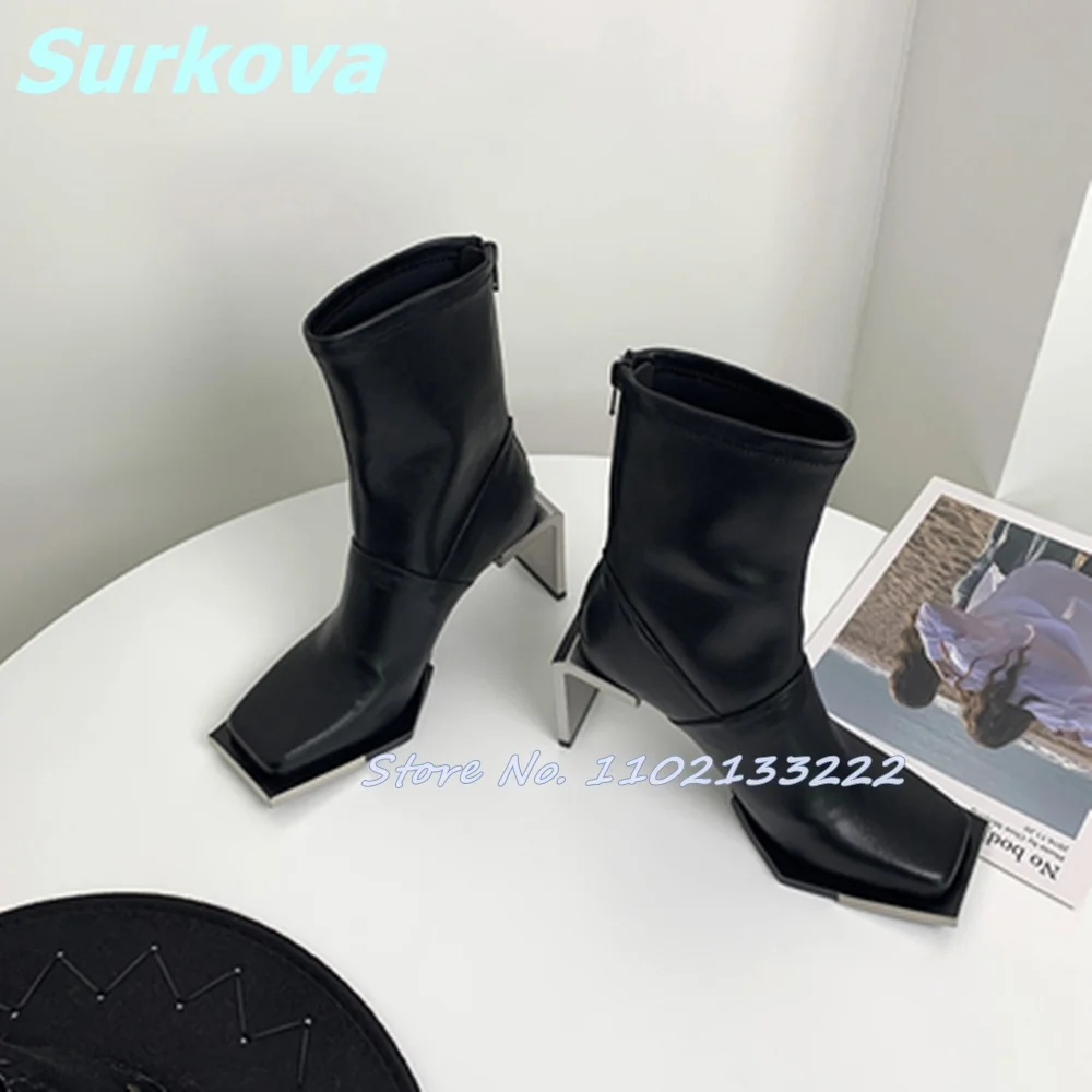 Unikalne metalowe buty na obcasie kwadratowe wysokie obcasy czarne skórzane botki zimowe jesienne modne buty damskie najnowsze wybiegi codzienne buty