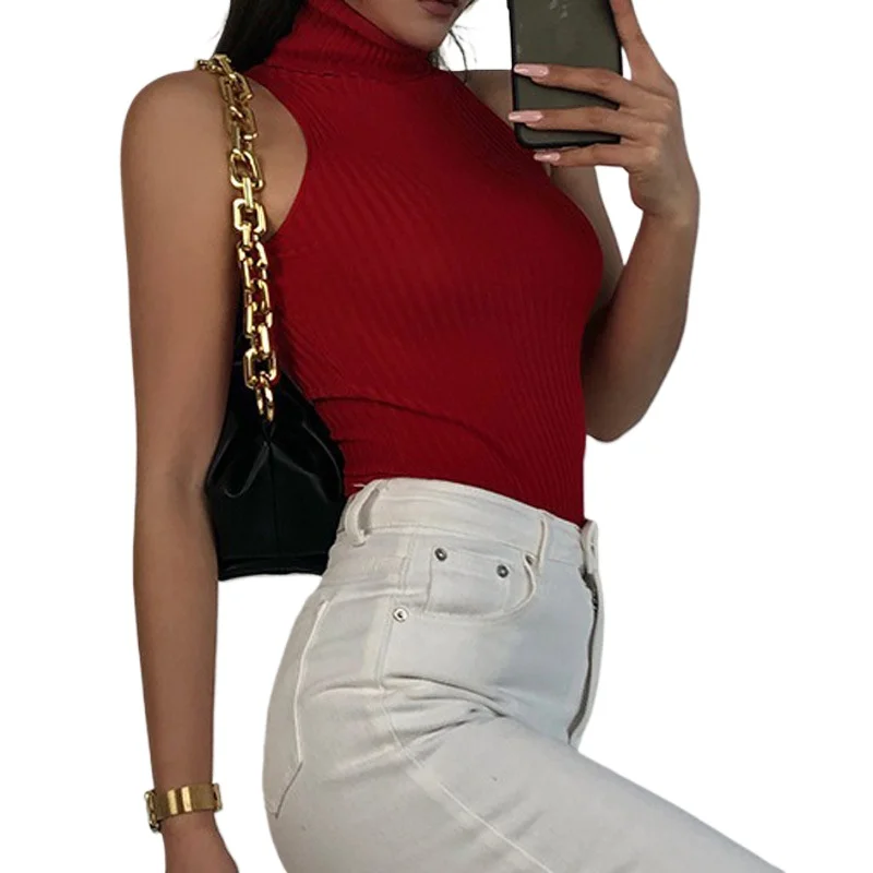 Women Off Shoulder Tops Turtleneck Tank Tops Knitted Hot Tops Women 2026 Summer Skinny Round Neck Solid Cute Cropped