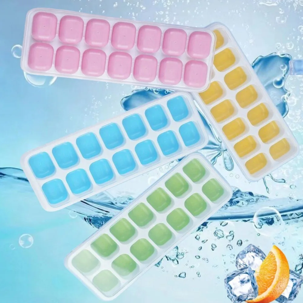 14-Cavity BPA-Free Silicone Ice Cube Tray With Lid Soft Bottom Easy Release Stackable Mold DIY Ice Cube Maker For Kitchen Bar