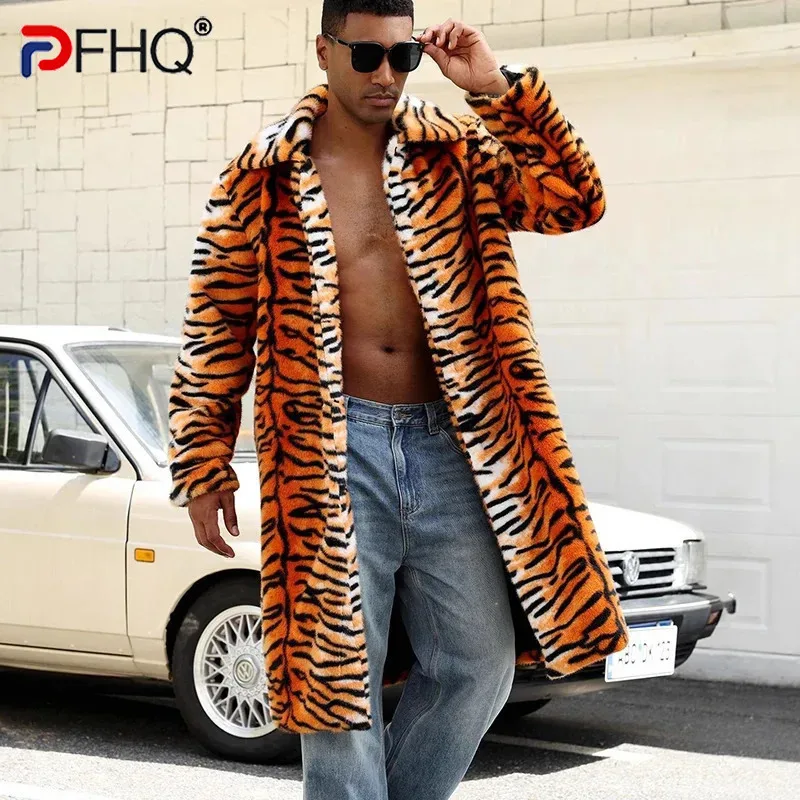 PFHQ Tiger Print Men's Faux Fur Coat Autumn Winter Turn-Down Collar Long Sleeve Warm Overcoat Stylish Loose Menswear 21P1285