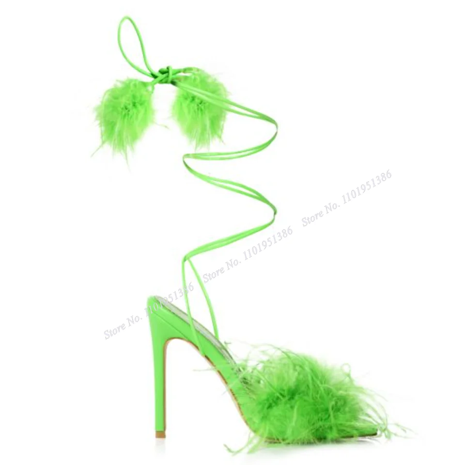 

Moraima Snc Green Fur Decor Sandals Lace up Ankle Strap Solid High Heel Shoes for Women Heels Shoes on Heels Zapatillas Mujer