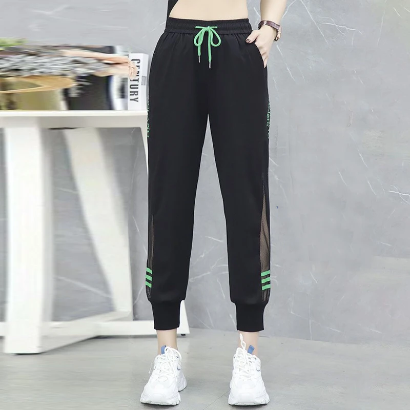 2023 Zomer Nieuwe Gestreepte Brief Print Mesh Patchwork Broek Hoge Taille Toevallige Sneldrogende Broek Sport Jogger Joggingbroek Vrouwen