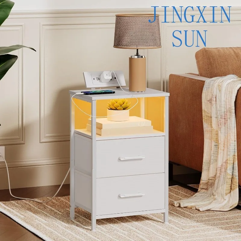 Nightstand With Charging Station Bedside Table With LED Lights And 2 Fabric Drawers End Table With 2 AC Outlets And USB Modern