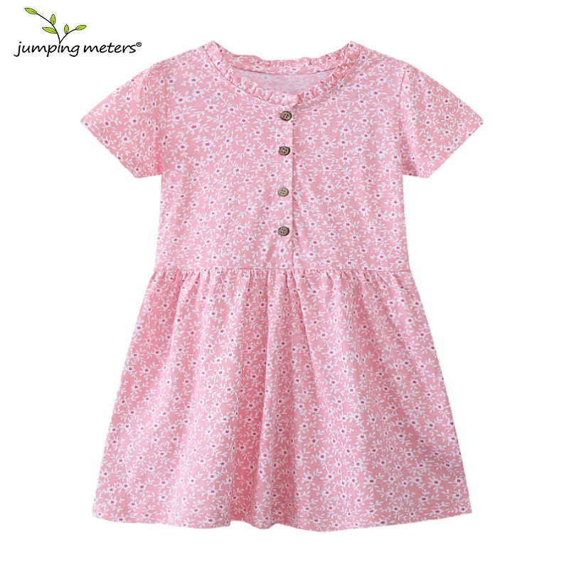 

Jumping Meters 2-7T Summer Girls Dresses Flowers Print Short Sleeve Buttons Children's Clothes Toddler Wear