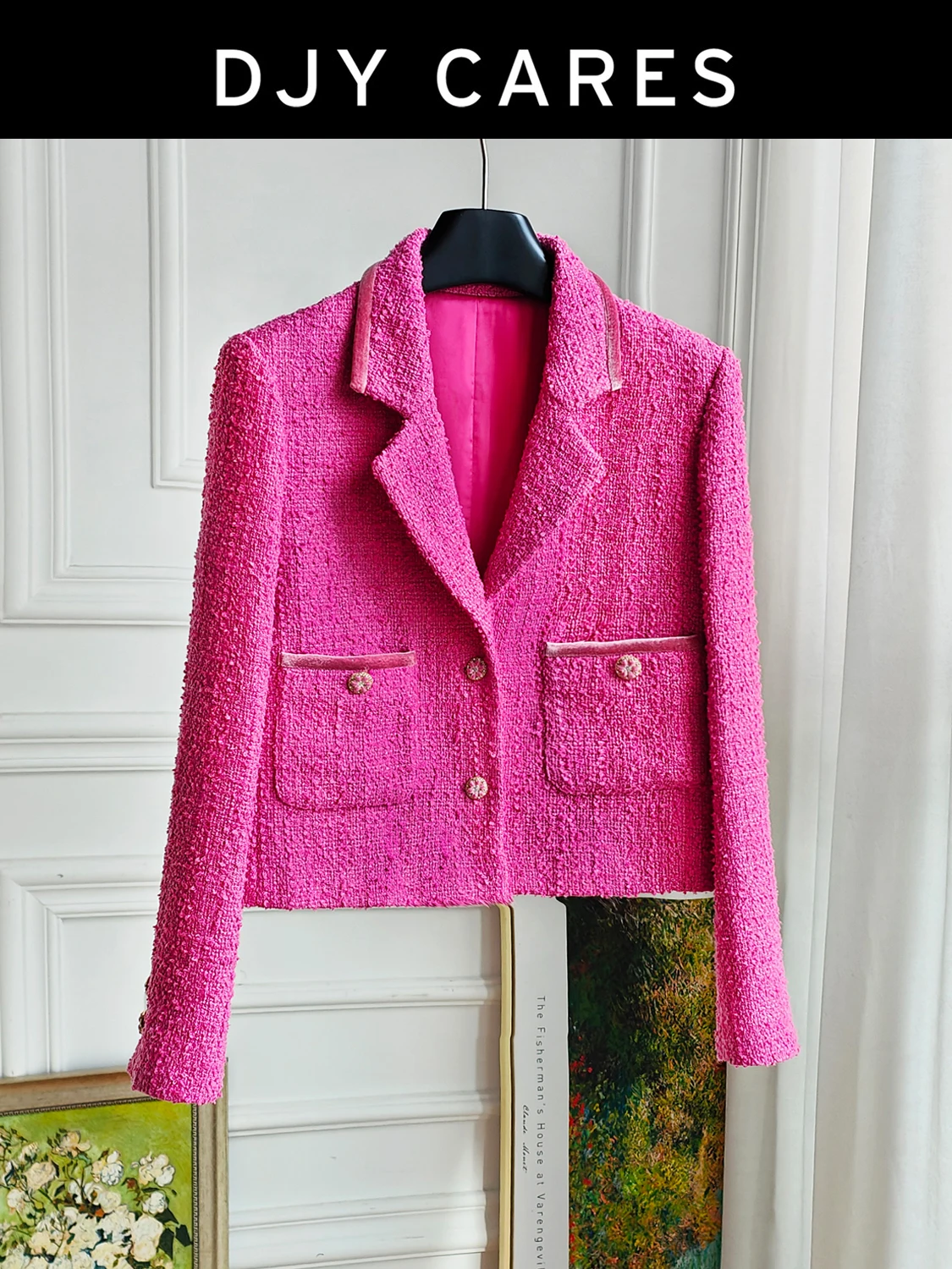 New Rose red coarse woolen coat versatile suit collar top big  size