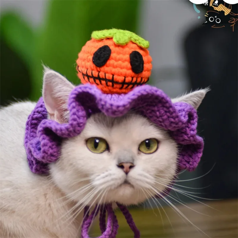 

Pure hand knitting cute Eccentric personality Halloween pumpkin pet cat hat cosplay costume Party Photo Shoot Props Decoration