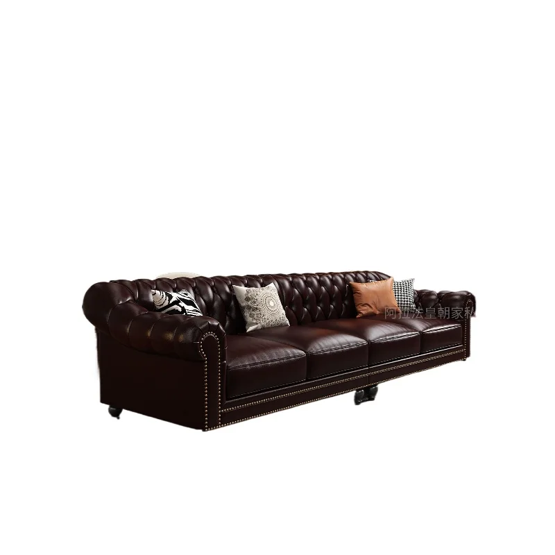 

American retro leather sofa, living room small apartment princess household brown first-layer cowhide straight-row corner leathe