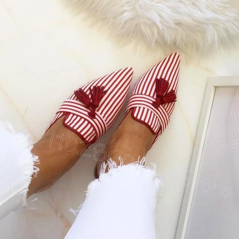 

Red Stripe Design Tassels Pointed Toe Slippers Slip On Women Shoes Low Top Fashion Party Banquet Dating 2026 Zapatos Para Mujere