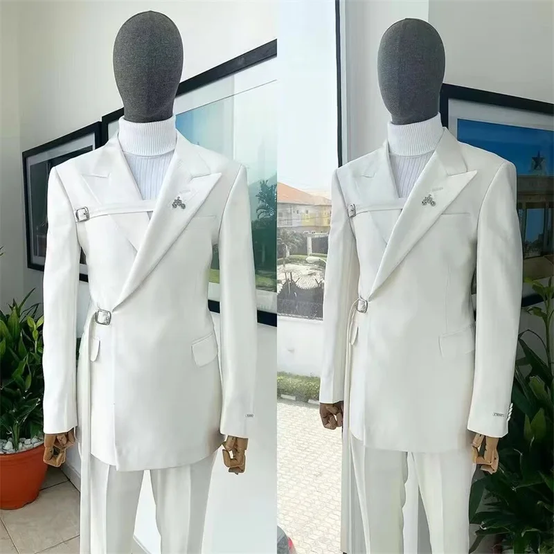 

2 Pcs Men Pants Suits Set Blazer Groom Wear Wedding Tuxedo Jacket With Belt Custom Made Fashion Prom Dress Party Coat