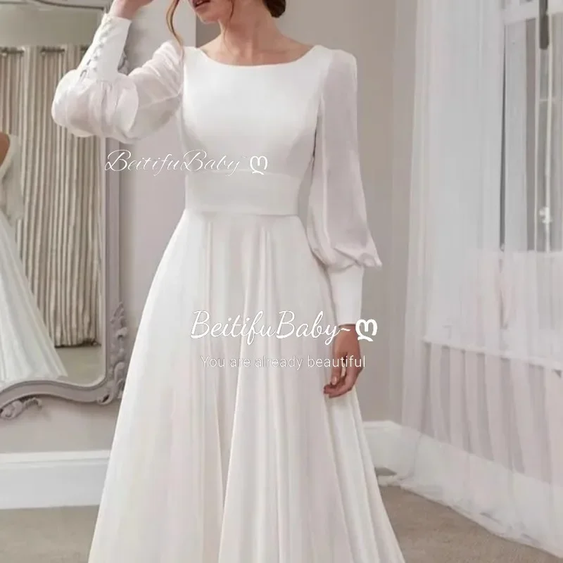 BeitifuBaby Abito da cerimonia nuziale retrò per donna Elegante abito da sposa da spiaggia a maniche lunghe con lanterna senza schienale a trapezio dimagrante