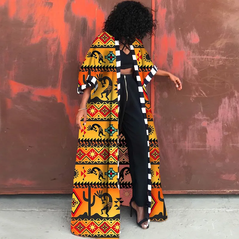 Spring Summer African Printed Outwear Women Causal 3/4 Sleeve Open Trench Coat Women Overcoat Beachwear